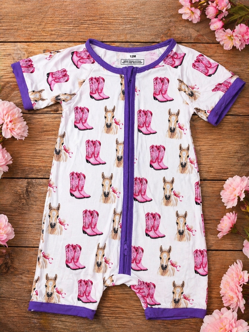 NWOT Baby Girls' Pink Cowgirl Boot Print Bamboo Short with Purple Trim